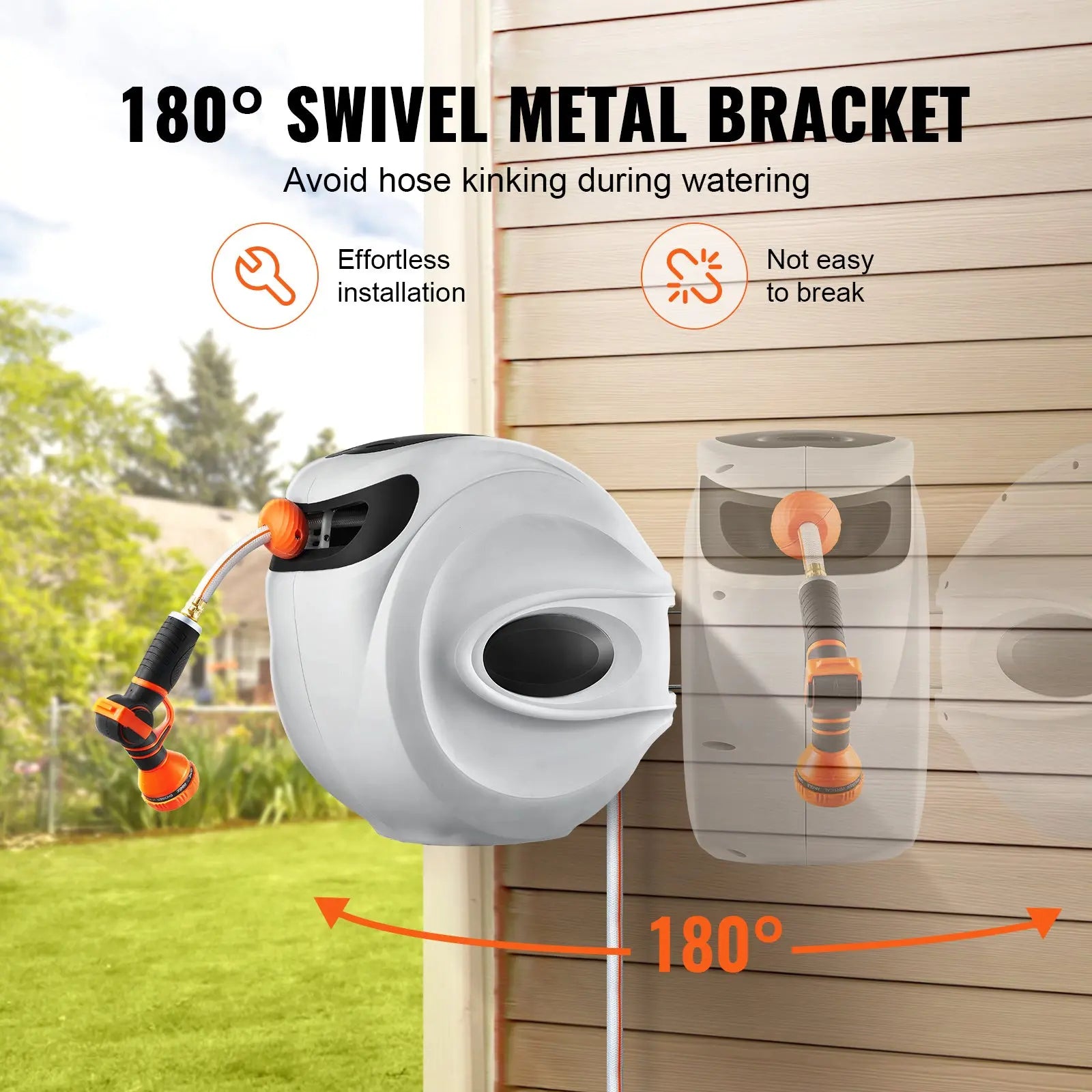 VEVOR Retractable Hose Reel with 9-Pattern Nozzle and Automatic Rewind, Wall-Mounted Garden Hose with Slow Return System