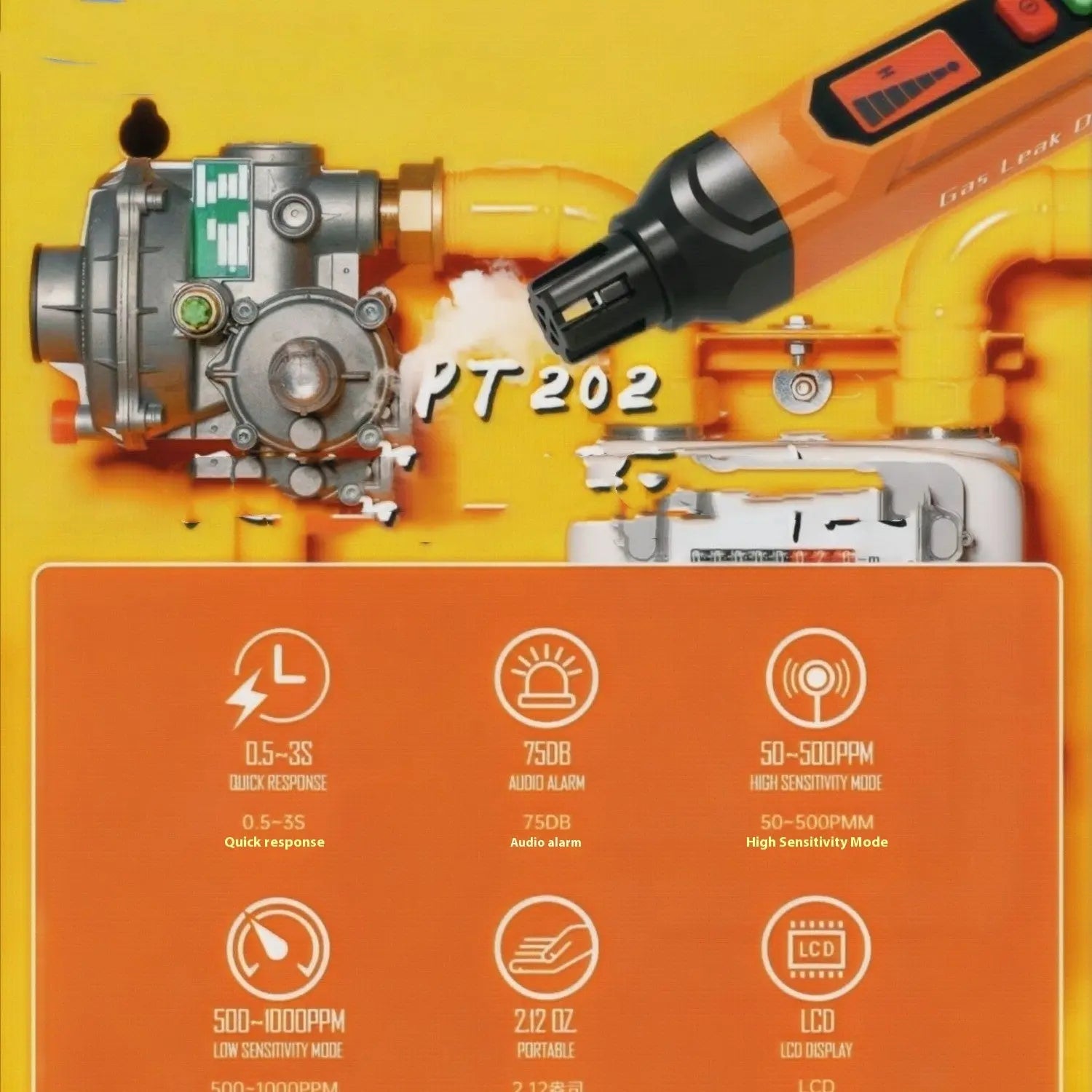Orange Pen-Style Handheld Gas Leak Detector – Portable Sniffer with Carrying Case and Batteries