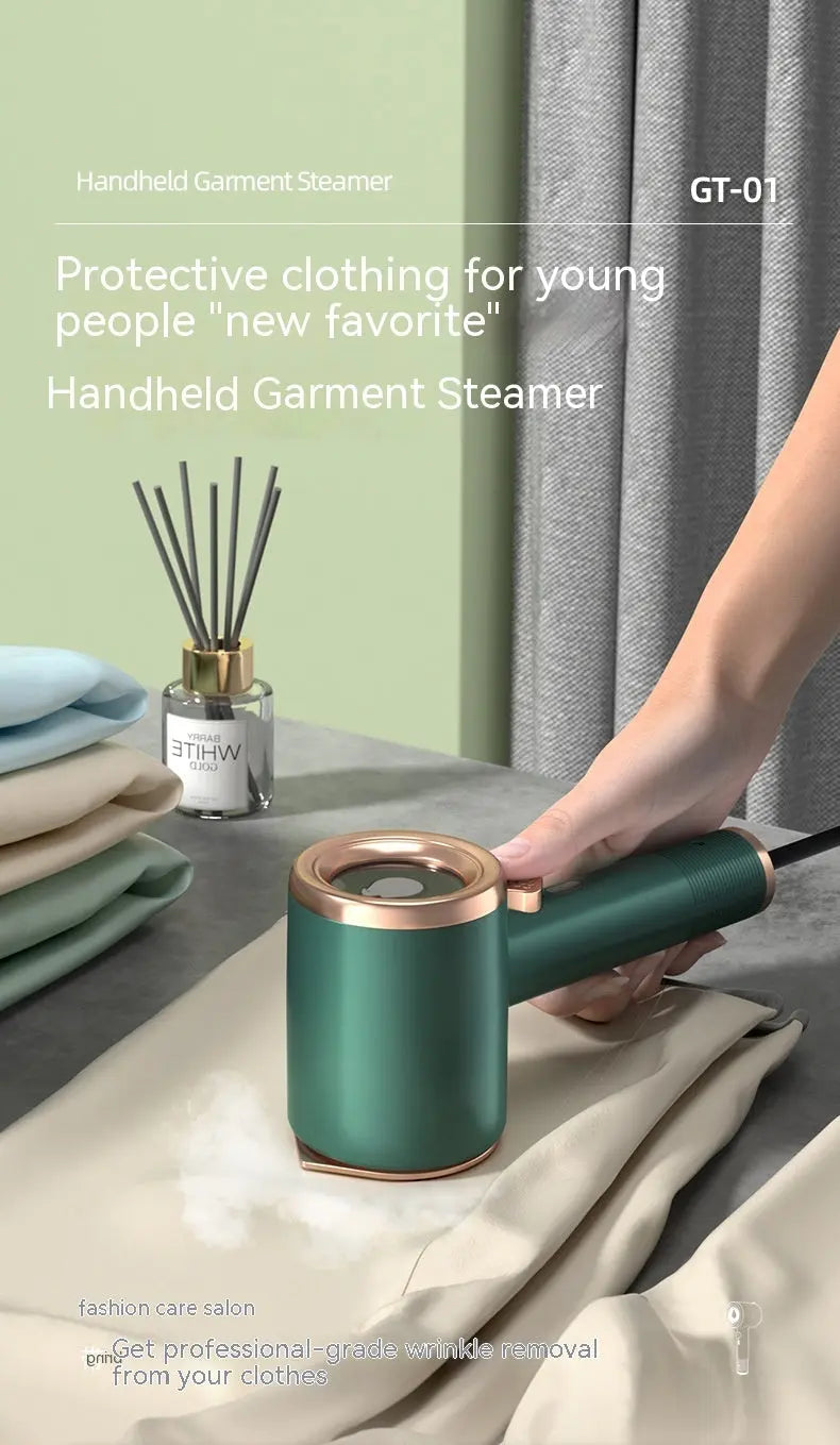 Mini handheld garment steamer in green color for travel and home use