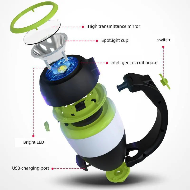 3-in-1 multifunctional LED lamp with adjustable angles, powerful illumination, waterproof and rechargeable for camping, emergency, and night riding