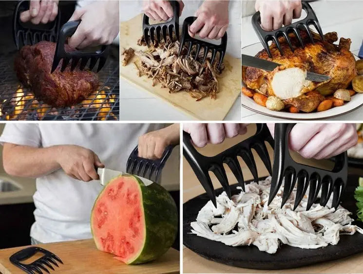 Set of images showing a meat shredder being used on various foods.