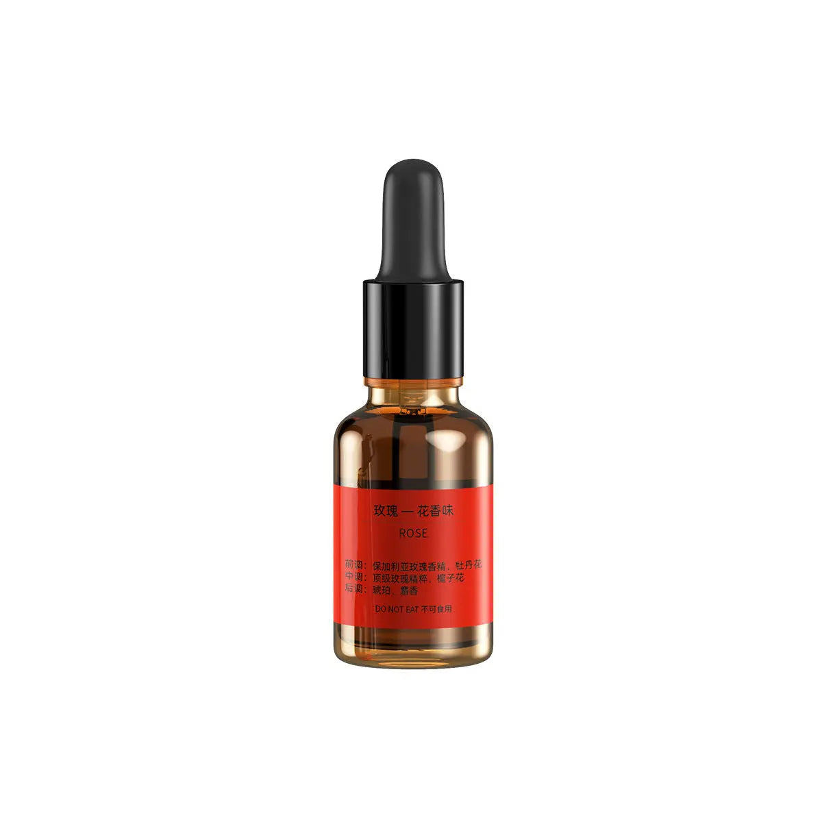 Brown glass dropper bottle with red label on a white background