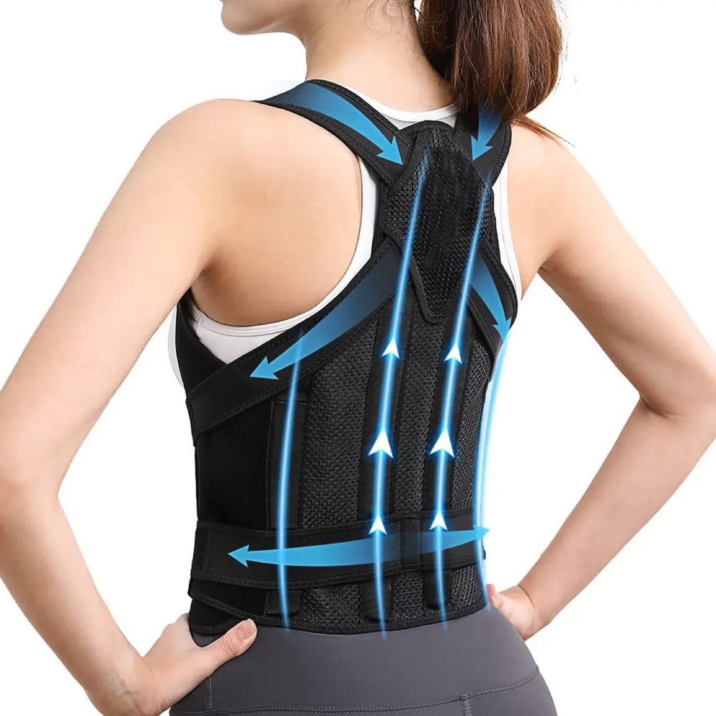 Person wearing a black posture corrector with blue arrows on a white background