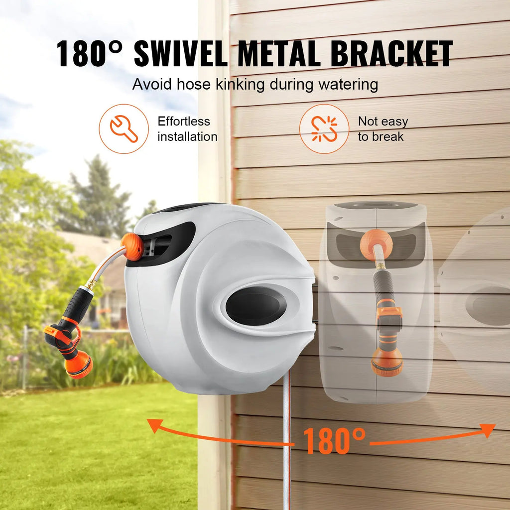 VEVOR Retractable Hose Reel with 9-Pattern Nozzle and Automatic Rewind, Wall-Mounted Garden Hose with Slow Return System