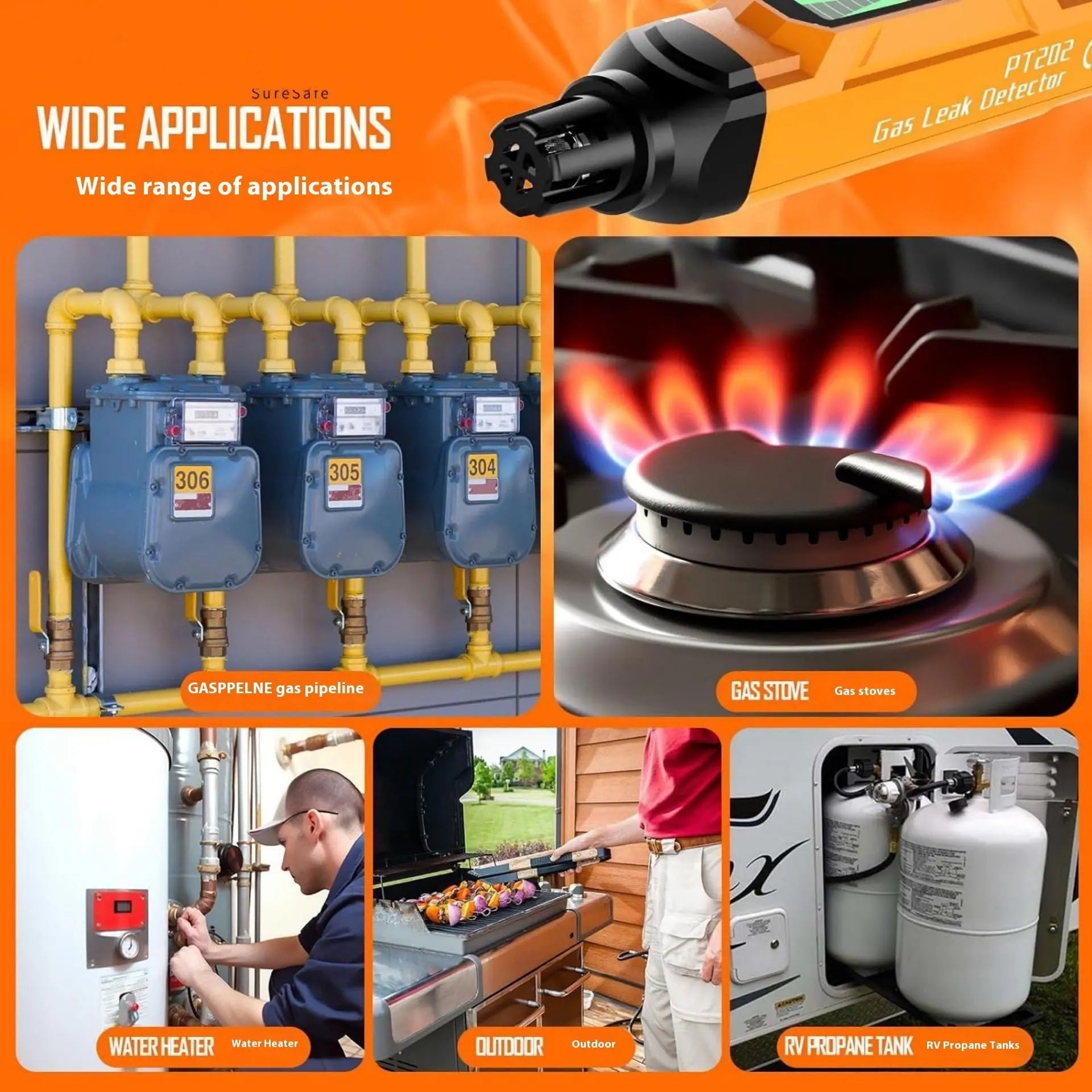 Orange Pen-Style Handheld Gas Leak Detector – Portable Sniffer with Carrying Case and Batteries