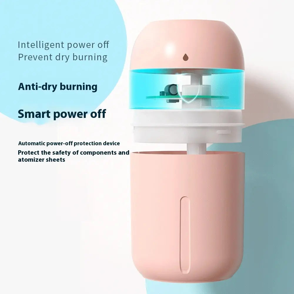 330ml mini USB humidifier in white, pink, and green – ultrasonic desktop mist diffuser for bedroom or office use