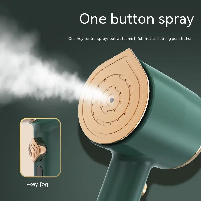 Mini handheld garment steamer in green color for travel and home use