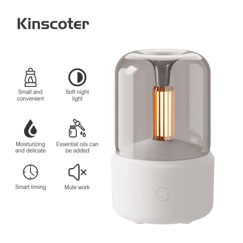 Creative candle light-style aroma diffuser in beige and black with 120ml tank – USB-powered for home aromatherapy and humidification