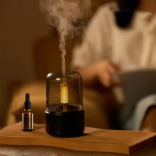 Creative candle light-style aroma diffuser in beige and black with 120ml tank – USB-powered for home aromatherapy and humidification