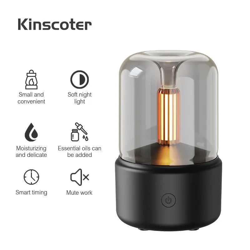 Creative candle light-style aroma diffuser in beige and black with 120ml tank – USB-powered for home aromatherapy and humidification