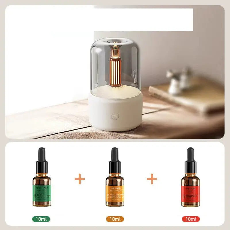 Creative candle light-style aroma diffuser in beige and black with 120ml tank – USB-powered for home aromatherapy and humidification