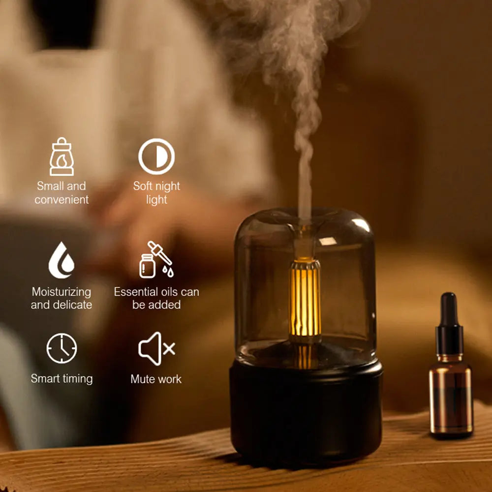 Creative candle light-style aroma diffuser in beige and black with 120ml tank – USB-powered for home aromatherapy and humidification