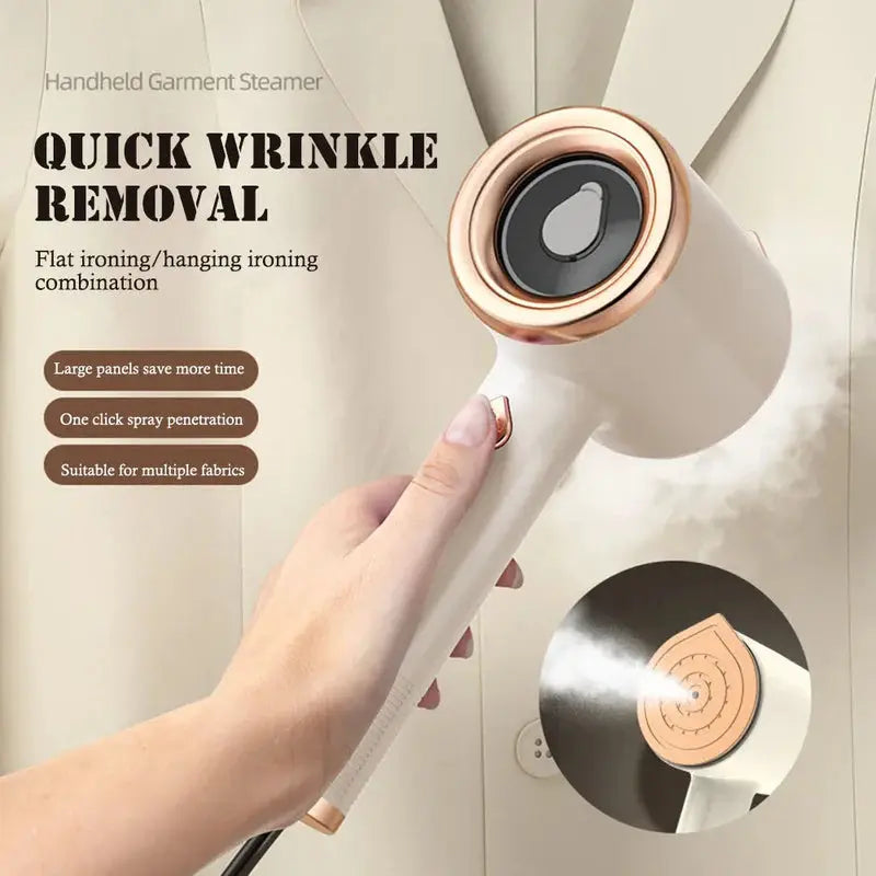 Handheld garment steamer with quick wrinkle removal and features.